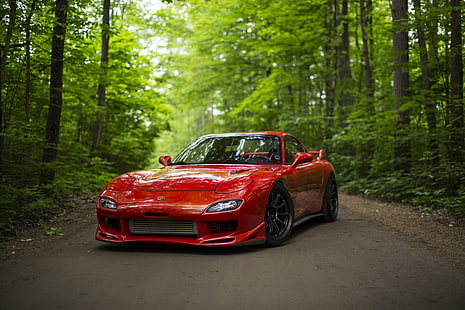estrada, floresta, vermelho, carro esportivo, Mazda RX-7, HD papel de parede HD wallpaper