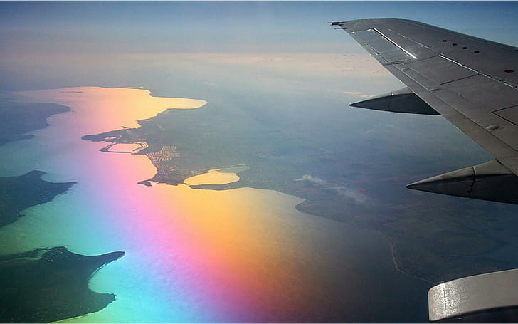 Beautiful Refections On The Sea, colours, refections, rainbow, aircraft planes, HD wallpaper