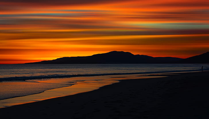 Ketenangan, Andalusia, Tarifa, matahari terbenam di pantai, Wallpaper HD