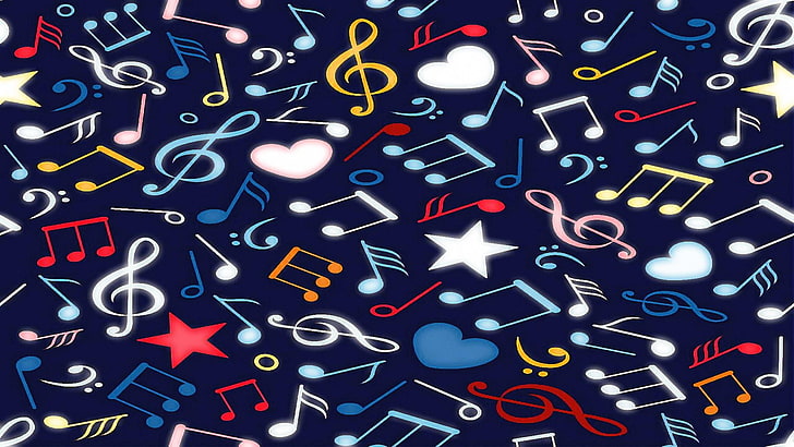 hearts, musical notes, violin key, abstract, pattern, design, graphic design, space, electric blue, graphics, illustration, treble clef, f-clef, bass, HD wallpaper