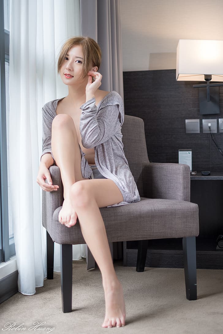 Asian, women, sitting, bent legs, legs, barefoot, chair, HD wallpaper