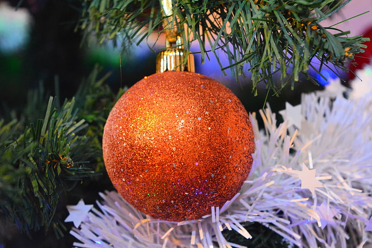 orange bauble, christmas ball, decoration, new year, HD wallpaper