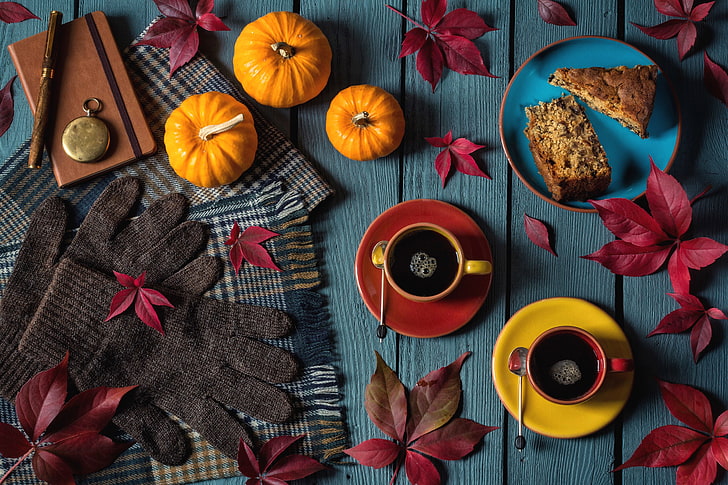 flat lay photography of pumpkin, pie, and beverages, autumn, leaves, watch, coffee, scarf, pie, handle, pumpkin, gloves, Notepad, HD wallpaper