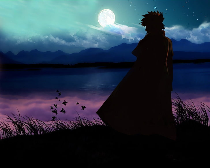 Schattenbild der tragenden Mantelillustration der Person, Berge, See, der Mond, Felsen, Naruto, namikaze minato, HD-Hintergrundbild