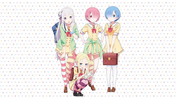 Re: Zero Kara Hajimeru Isekai Seikatsu, Anime-Mädchen, Rem (Re: Zero), Ram (Re: Zero), Emilia (Re: Zero), Beatrice (Re: Zero), Anime, Schuluniform, HD-Hintergrundbild