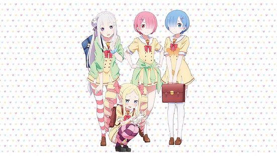Re: Zero Kara Hajimeru Isekai Seikatsu, anime girls, Rem (Re: Zero), Ram (Re: Zero), Emilia (Re: Zero), Beatrice (Re: Zero), anime, uniforme scolastica, Sfondo HD HD wallpaper