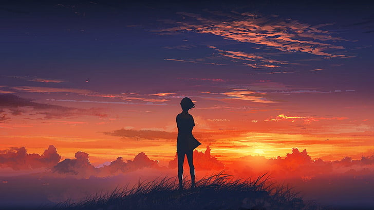osoba stojąca na szczycie góry podczas złotej godziny tapeta, anime, zachód słońca, natura, niebo, Der Wanderer über dem Nebelmeer, anime girls, światło słoneczne, chmury, Tapety HD