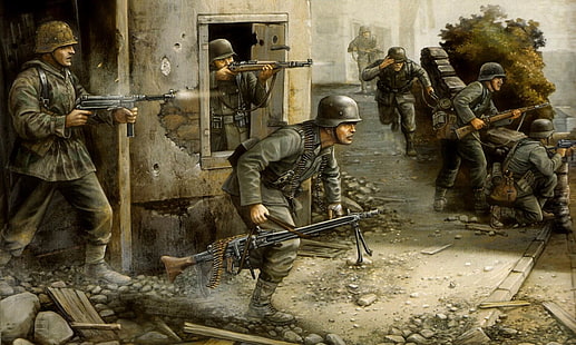 soldados escondiendo muros y construyendo ilustración, llamas de guerra, alemanes, fascistas, soldados, wehrmacht, Fondo de pantalla HD HD wallpaper