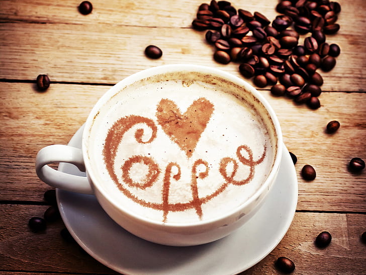 Капучино, кафе, зърна, любовни сърца, капучино, кафе, боб, любов, сърца, HD тапет