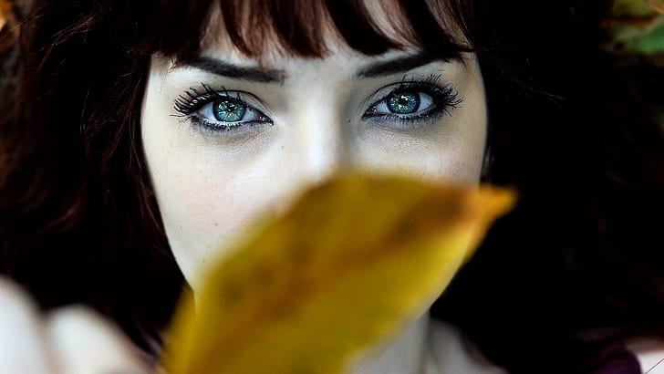 Woman, Eyes, Face, Close Up, Leaf, woman, eyes, face, close up, leaf, HD wallpaper