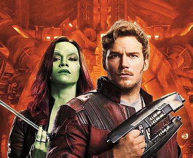 Gamora, Chris Pratt, Peter Quill, Zoe Saldana, Bintang-Tuhan, Penjaga Galaxy Vol 2, Wallpaper HD HD wallpaper