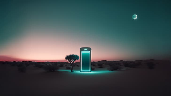 AI art, illustration, exit, desert, Moon, neon, HD wallpaper