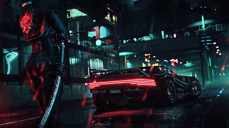 video game, samurai, katana, mobil, hujan, malam, cyberpunk, Cyberpunk 2077, Wallpaper HD