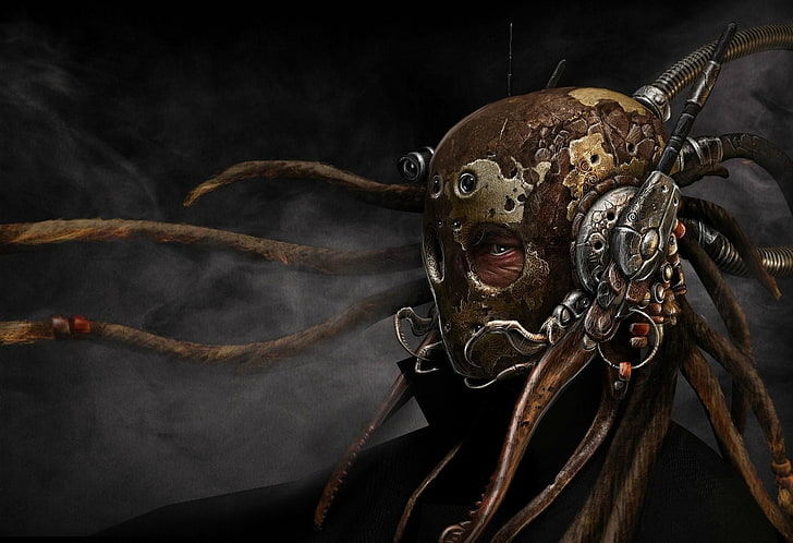 човек с маска цифров тапет, киборг, глава, октопод, машина, HD тапет