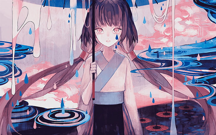 Luo Tianyi, anime girls, hanfu, tears, rain, artwork, umbrella, HD wallpaper