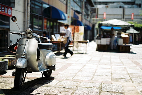 grey motor scooter near stall, In The Light, Light  grey, stall, Vespa, Center, Happiness, flea market, market  market, フリ, 市場, city, town, scooter, スク, タ, Sigma SA, SA-9, F1.4, Art, japan, Agfaphoto, Vista, Plus, agfa, film, motor Scooter, motorcycle, street, urban Scene, outdoors, moped, old-fashioned, people, city Life, retro Styled, HD wallpaper HD wallpaper