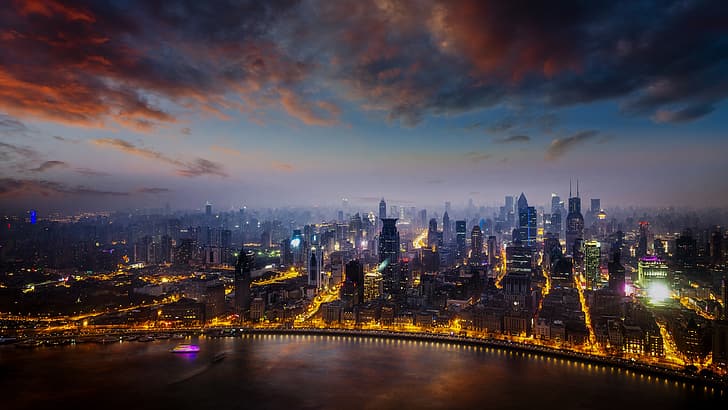 city, lights, China, Shanghai, twilight, sky, sea, sunset, night, skyscraper, clouds, buildings, boat, cityscape, mist, HD wallpaper