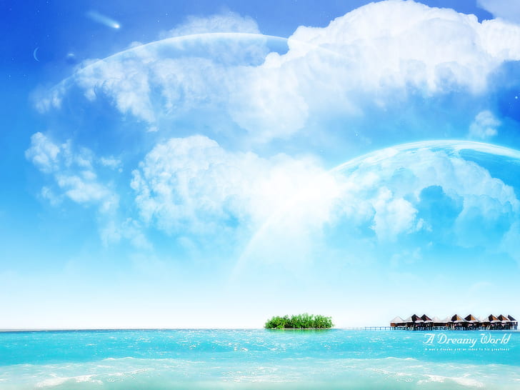 Sea Water Dreamy World HD, cloudy blue sky, fantasy, water, world, sea, dreamy, HD wallpaper