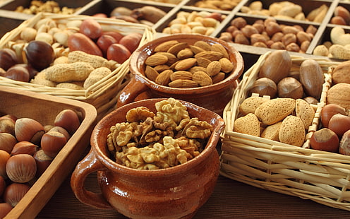 Food, nuts, almond, walnut, acorn, basket, pots, Food, Nuts, Almond, Walnut, Acorn, Basket, Pots, HD wallpaper HD wallpaper