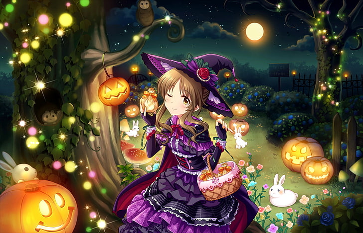Halloween, topi penyihir, topi, labu, lilin, annfu doufu, lolita fashion, pohon, Wallpaper HD