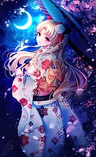 Chiachun, portrait, anime girls, anime, Fate/Grand Order, kimono, série Fate, regardant en arrière, Ereshkigal (Fate/Grand Order), cheveux longs, blonde, ornement de cheveux, Lune, croissant de lune, rose, fleur dans les cheveux, souriant, regardant spectateur, fard à joues, parapluie, fleur de cerisier, yeux rouges, rougir, pétales, vêtements japonais, Fond d'écran HD HD wallpaper