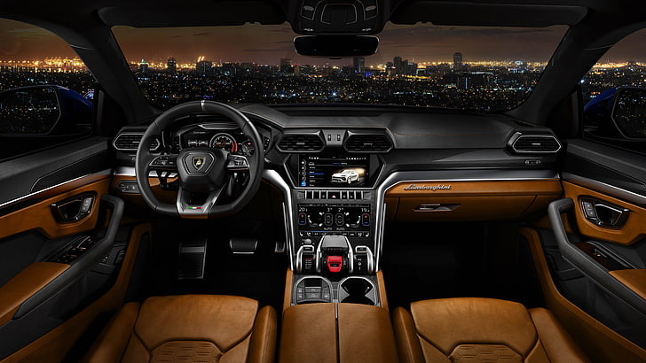 Tableau de bord de voiture marron et noir, Lamborghini Urus, Voitures 2018, intérieur, 8k, Fond d'écran HD