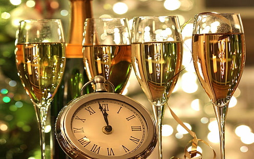 Midnight celebration, gray pocket watch and four wine glasses, holidays, 1920x1200, glass, new year, happy new year, midnight, champagne, HD wallpaper HD wallpaper