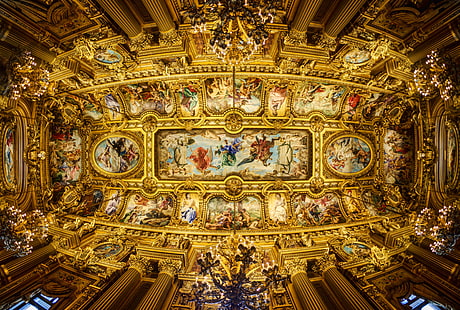 人工、ガルニエ宮、天井、シャンデリア、列、金色、インテリア、絵画、パリ、彫刻、パリオペラハウス、 HDデスクトップの壁紙 HD wallpaper