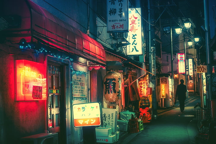 segnaletica di testo kanji, Giappone, notte, città, città, Masashi Wakui, Sfondo HD