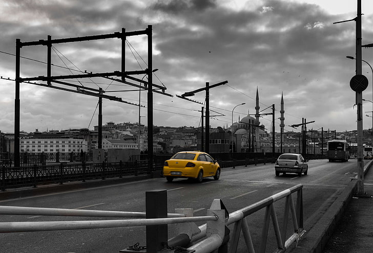 architecture, bridge, cab, car, cars, city, cityscape, clouds, galata, istanbul, mosque, road, selective color, sky, taxi, traffic, turkey, yellow, HD wallpaper