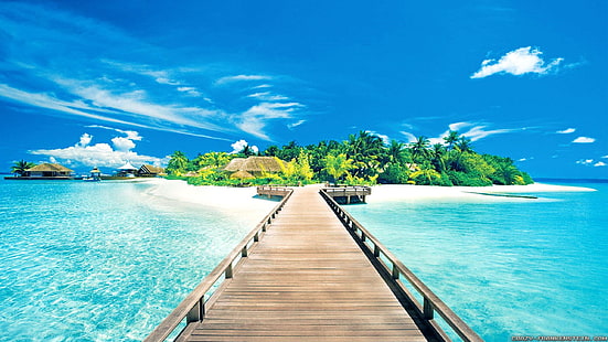 bacino di legno marrone, spiaggia, acqua, molo, tropicale, cielo, mare, nuvole, isola, palme, natura, Sfondo HD HD wallpaper