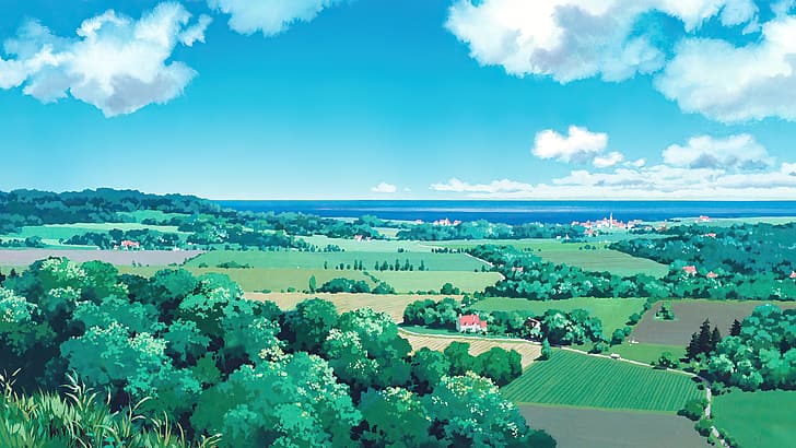 Servicio de entrega de Kiki, películas animadas, anime, animación, fotogramas de películas, Studio Ghibli, Hayao Miyazaki, cielo, nubes, árboles, bosque, rural, paisaje, casa, mar, verano, Fondo de pantalla HD
