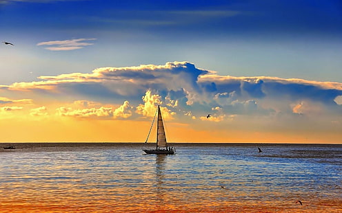 Sailing, view, lovely, beautiful, sailboats, sunset, peaceful, boat, ocean, sailing, splendor, clouds, beauty, HD wallpaper HD wallpaper