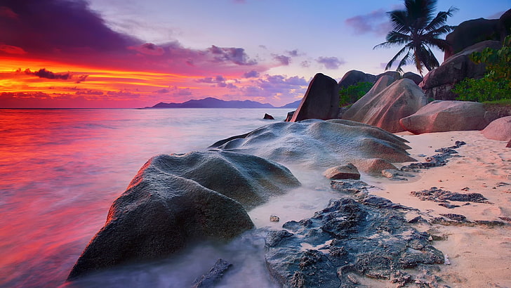 acqua, cielo, mare, oceano, puntellare, tramonto, roccia, costa, paesaggio, vacanza, orizzonte, la digue, seychelles, oceano indiano, Sfondo HD