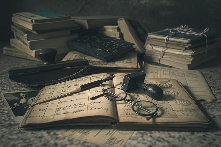 caneta, livros, óculos, foto antiga, registros, HD papel de parede