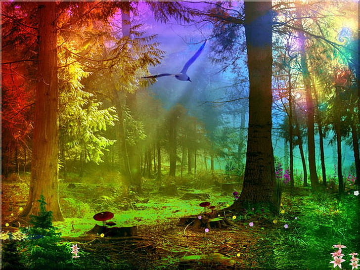 3d abstract Rainbow Forest Abstract Fantasy HD Art , Abstract, 3D, animals, animal, color, colorful, HD wallpaper