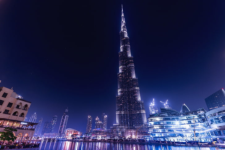 4K, Burj Khalifa, 야경, 두바이, 스카이 스크래퍼, Burj Dubai, HD 배경 화면