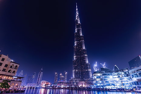 4K, Burj Khalifa, Nightscape, Dubai, Pencakar Langit, Burj Dubai, Wallpaper HD HD wallpaper
