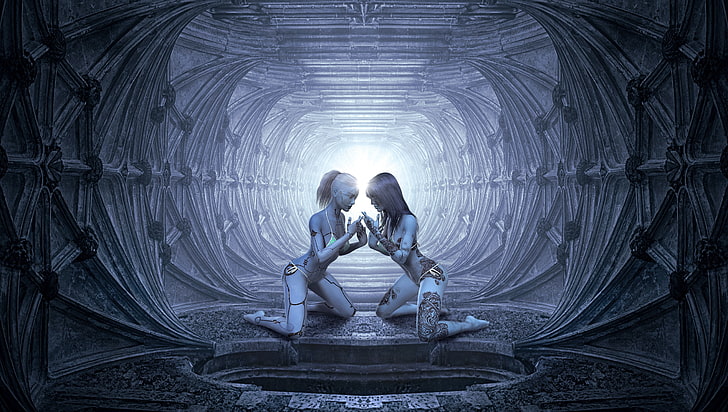 light, space, future, rendering, grey, background, people, fiction, girls, blue, two, technology, tattoo, art, the tunnel, cyborgs, the futuristic, consciousness, the light at the end of the tunnel, artificial intelligence, HD wallpaper