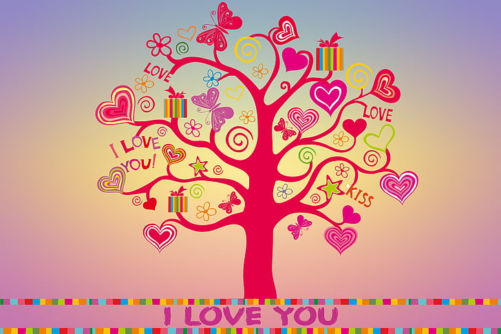 pink and multicolored tree wallpaper, love, tree, colorful, hearts, I love you, butterfly, background, romantic, sweet, HD wallpaper