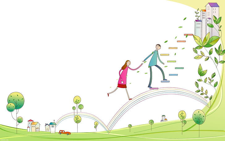 Cute Love, Hand In Hand, Rainbow, Trees, Buildings, couple climbing at staircase illustration, cute love, hand in hand, rainbow, trees, buildings, HD wallpaper