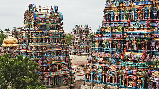 Wonderful Colorful Temples In India, tree, figures, temples, colors, nature and landscapes, HD wallpaper HD wallpaper