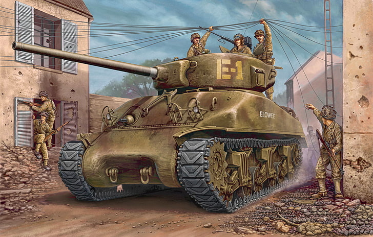 soldiers riding war tank illustration, war, art, painting, tank, ww2, m4a1 Sherman, HD wallpaper