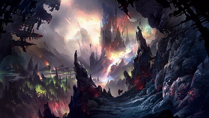 black and red cave digital wallpaper, fantasy art, illustration, colorful, painting, cave, HD wallpaper