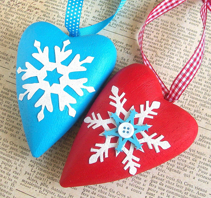 ? Our Hearts Together ?, snowflakes, decor, christmas, hearts, blue, white, home, HD wallpaper
