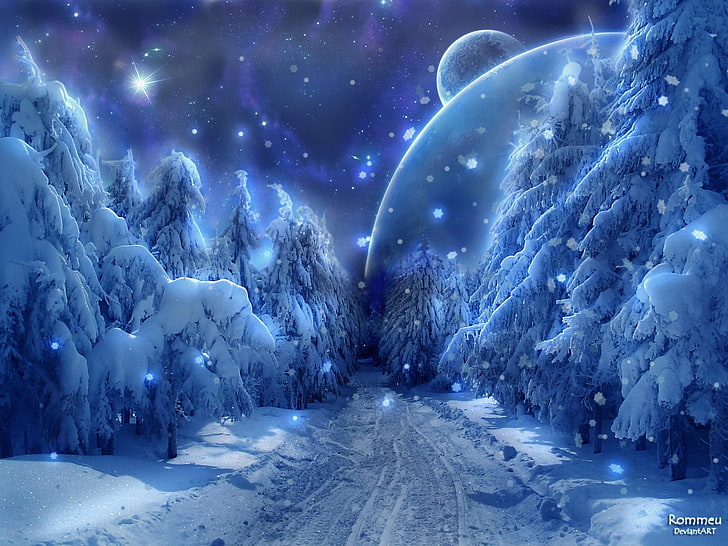 夜間のデジタル壁紙、雪、森、氷、惑星、宇宙、パス、未舗装の道路、デジタルアートの間に背の高い木々の間の経路、 HDデスクトップの壁紙