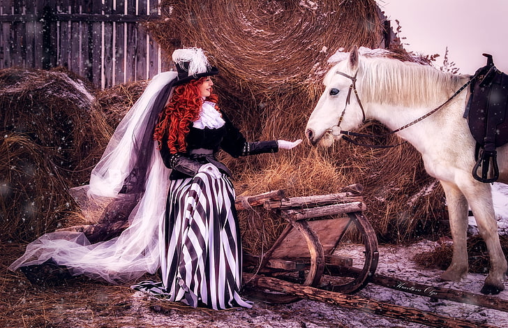 girl, snow, horse, hair, hat, hay, outfit, red, veil, lady, HD wallpaper