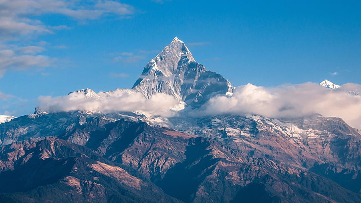 dağ, pokhara, nepal, himalaya, machapuchare, machhapuchhare, tepe, dağ manzarası, annapurna, sırt, gökyüzü, bulut, şaşırtıcı, güzel, HD masaüstü duvar kağıdı