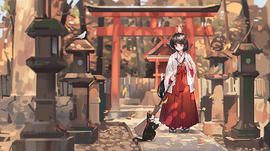 Anime, oryginał, kot, dziewczyna, kimono, świątynia, kapłanka, Tapety HD HD wallpaper
