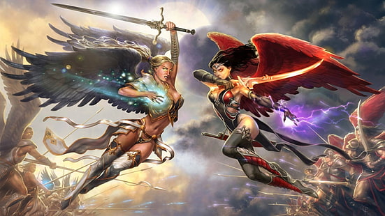 ファンタジー、天使の戦士、天使、善対悪、魔法、剣、翼、女、女の戦士、 HDデスクトップの壁紙 HD wallpaper